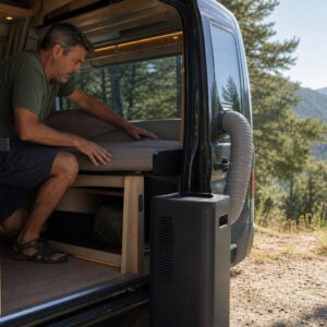 Padre preparando una furgoneta camper con una climatización portátil genérica
