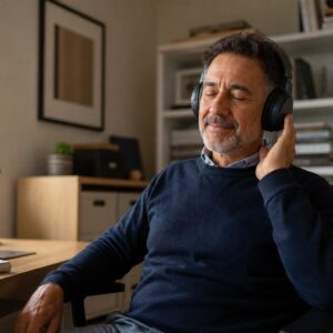 Padre usando auriculares de diadema genéricos en un ambiente doméstico