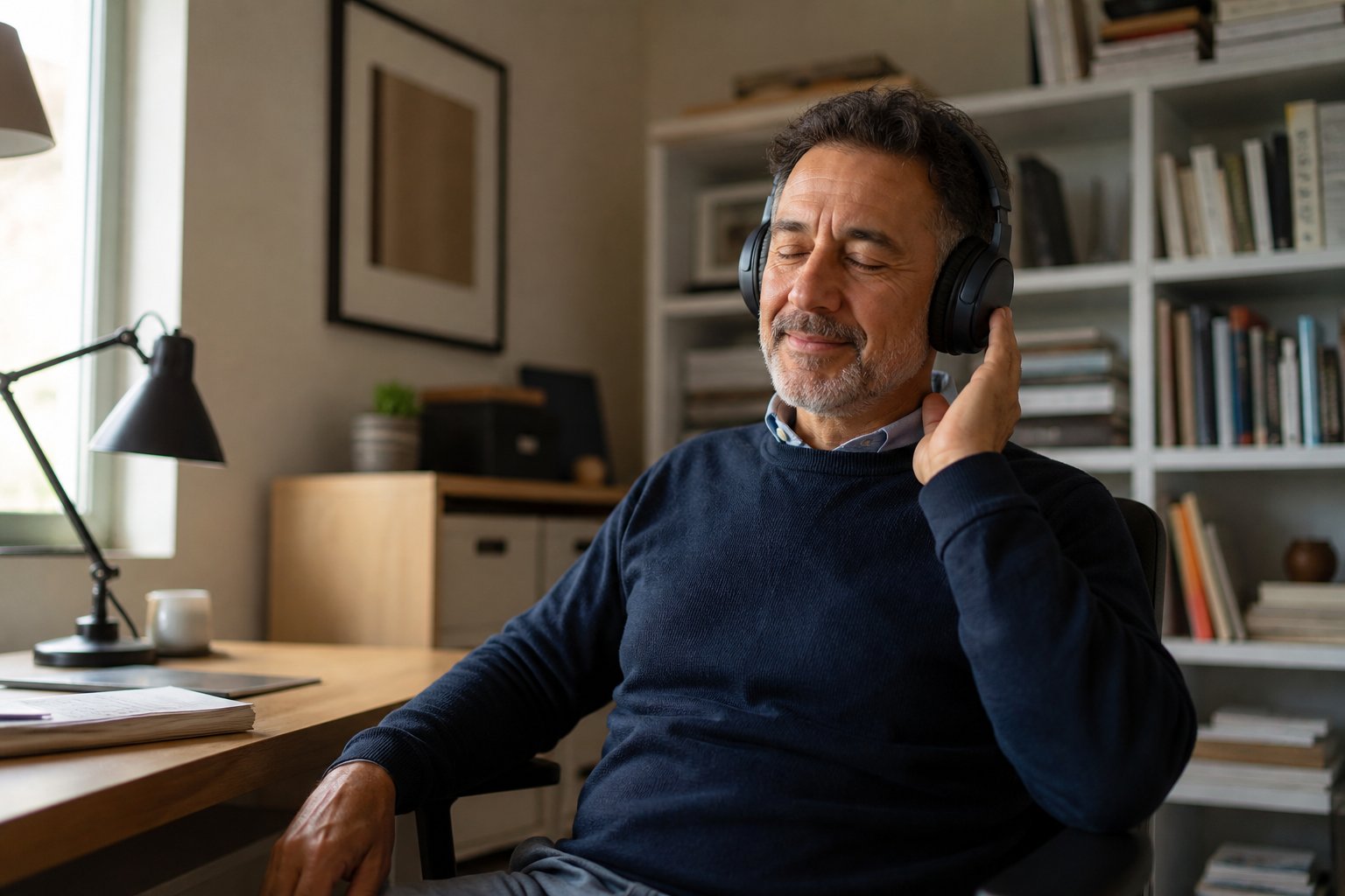 Padre usando auriculares de diadema genéricos