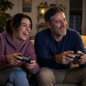 Padre y su hija adulta compartiendo una partida de videojuegos en casa