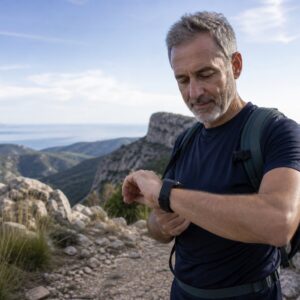 Padre consultando un reloj deportivo durante una ruta de montaña