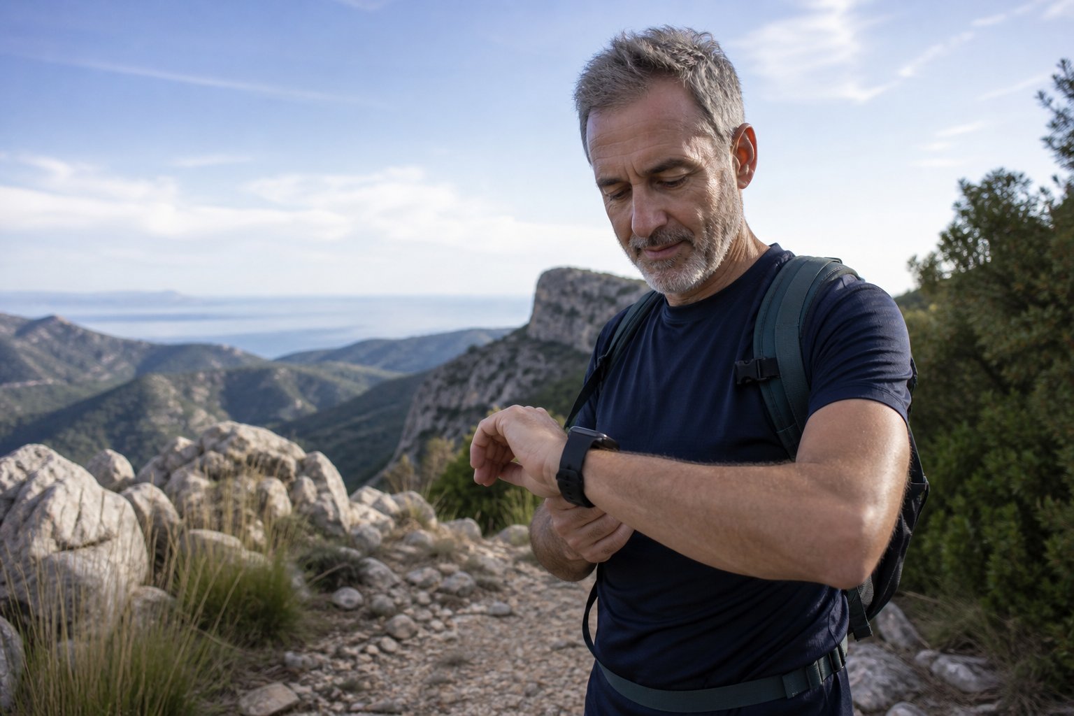 Padre consultando un reloj deportivo en la montaña