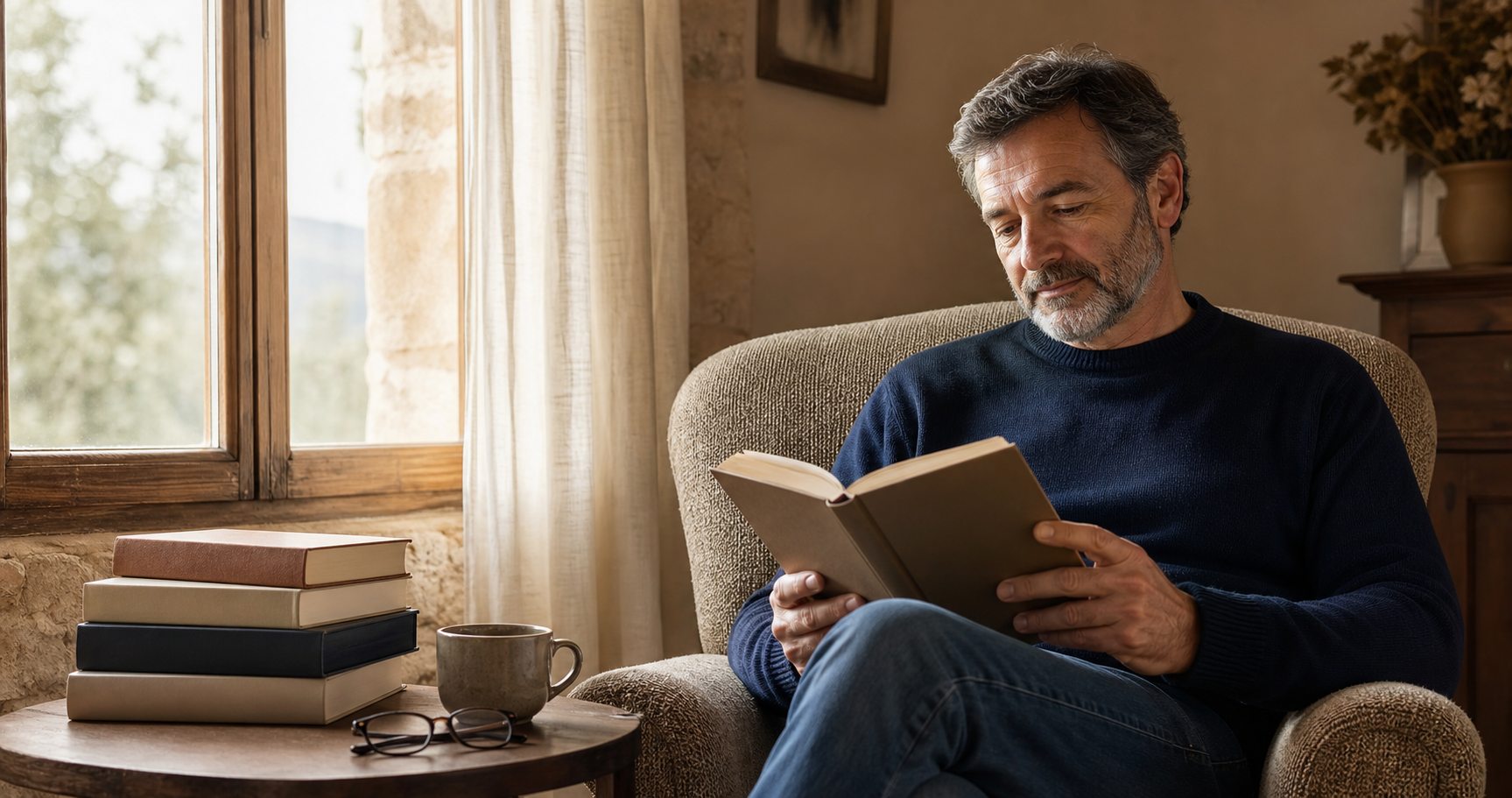 Padre leyendo junto a una pila de libros