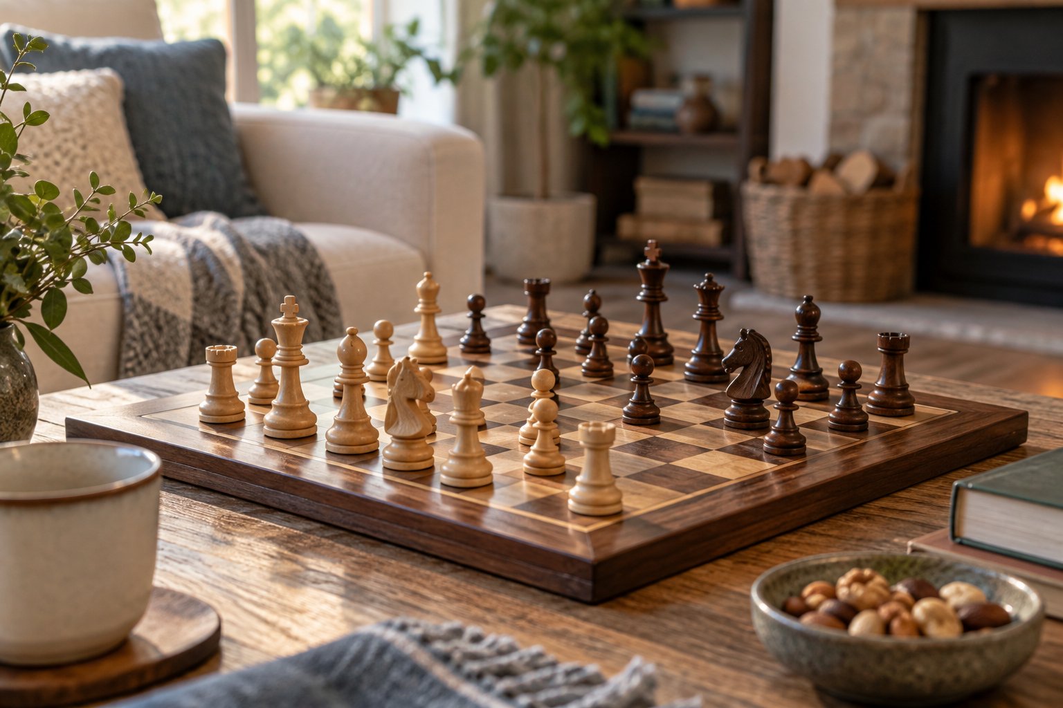 Imagen editorial: Ajedrez de madera para papá: un regalo para jugar juntos Tablero de ajedrez de madera con piezas claras y oscuras sobre una mesa de salón.