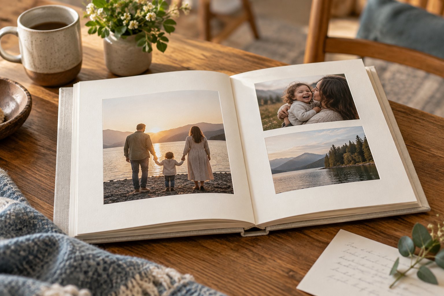 Imagen editorial: Álbum de fotos para papá: un regalo de recuerdos bien preparado Álbum de lino abierto con pequeñas fotografías familiares sobre una mesa de madera.