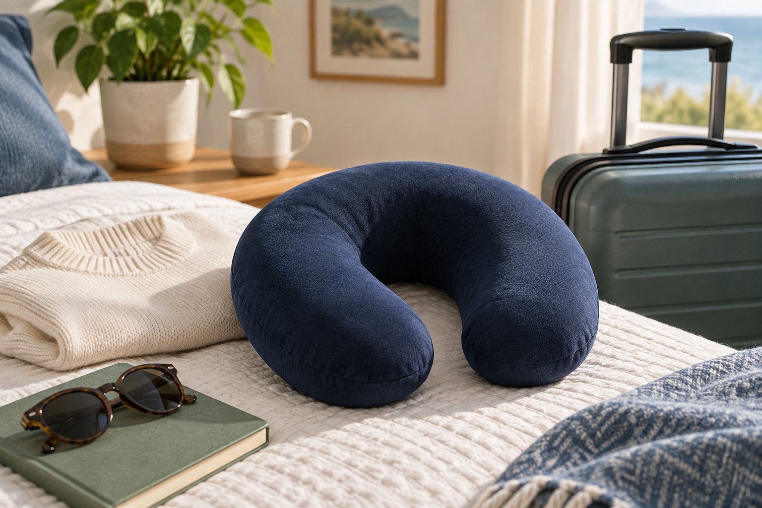Almohada de viaje azul junto a un jersey doblado y una maleta de cabina.
