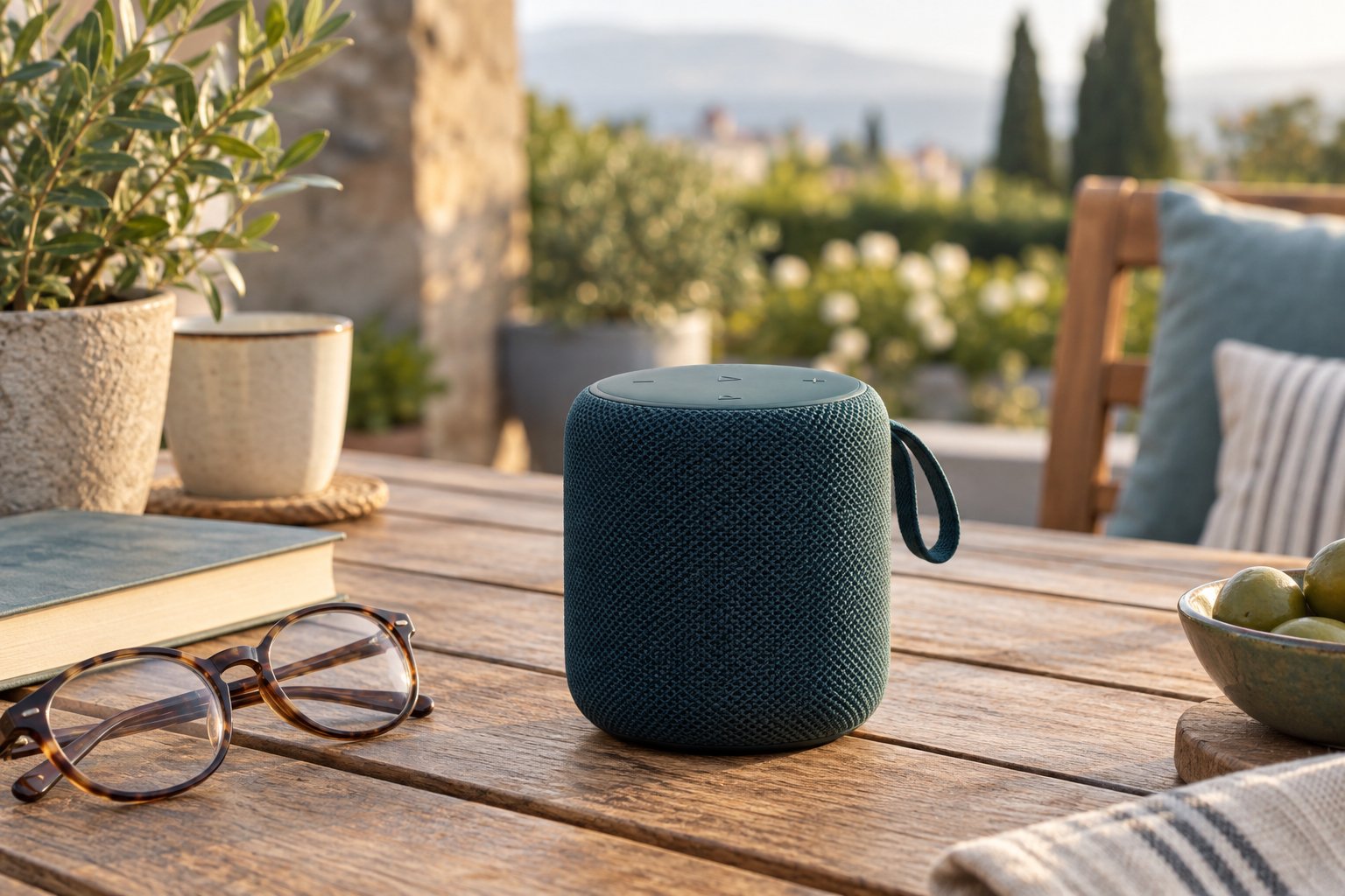 Altavoz portátil azul sobre una mesa de terraza junto a un libro y unas gafas.