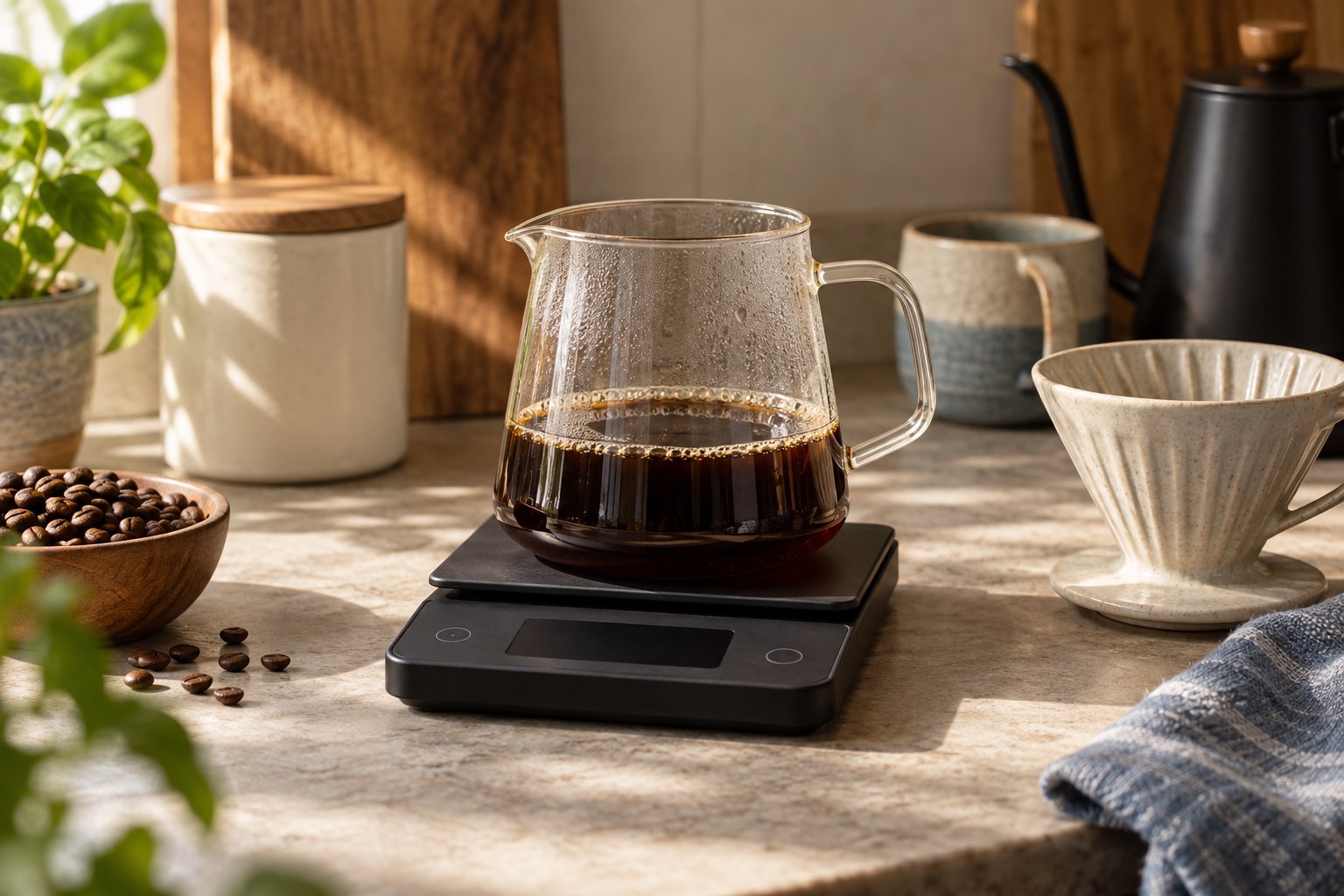 Imagen editorial: Báscula de café para papá: peso, temporizador y tamaño útil Báscula de café negra con una jarra de cristal sobre una encimera cálida.