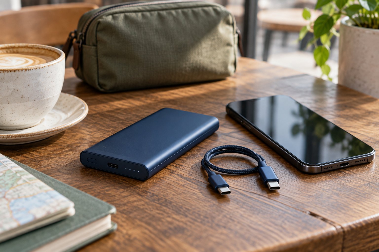 Batería externa azul y cable USB-C junto a un teléfono y una bolsa de viaje.