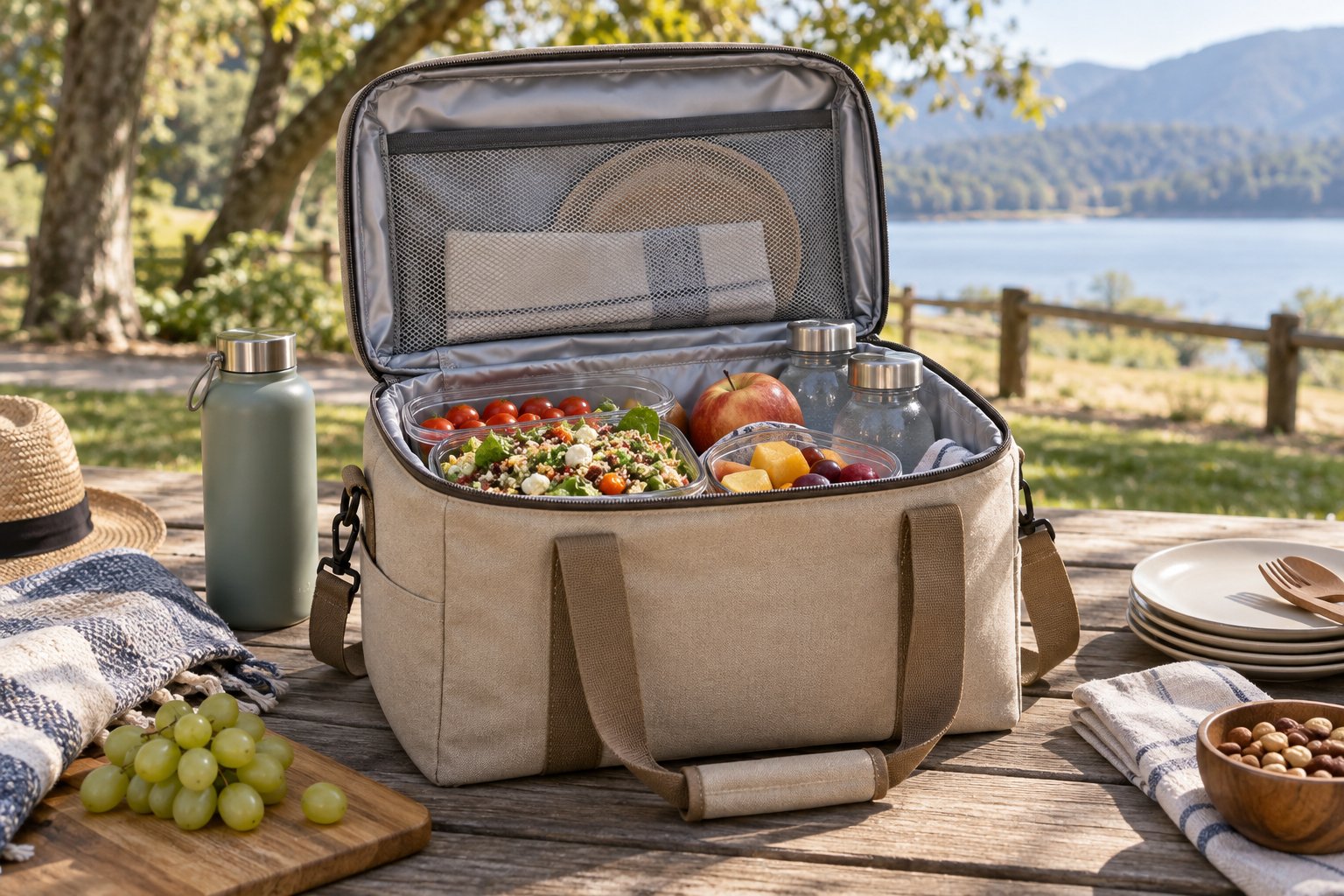 Bolsa térmica beige abierta con recipientes de comida sobre una mesa de picnic.