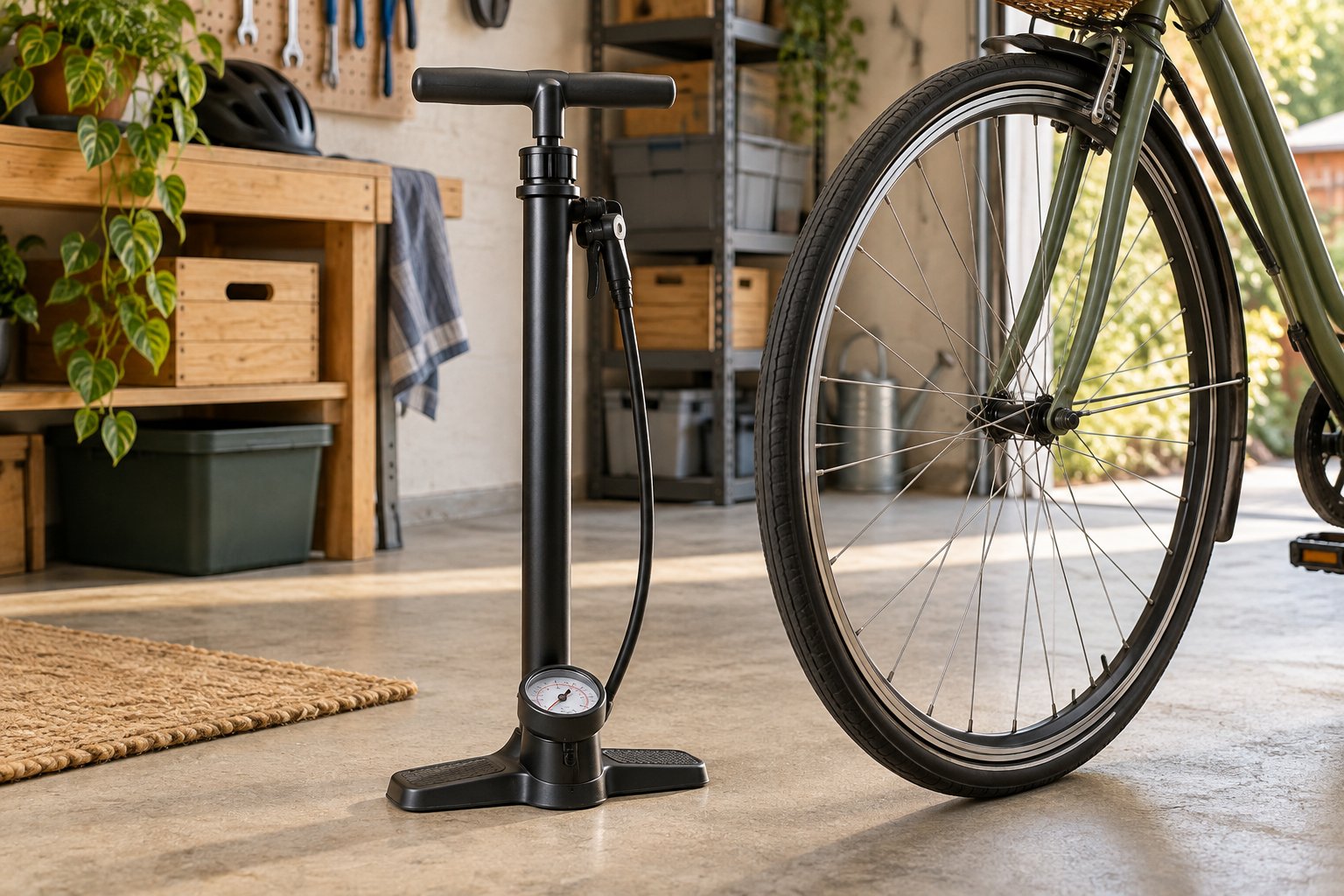 Imagen editorial: Bomba de pie para bicicleta: un regalo práctico para papá ciclista Bomba de pie con manómetro junto a la rueda de una bicicleta en un garaje ordenado.