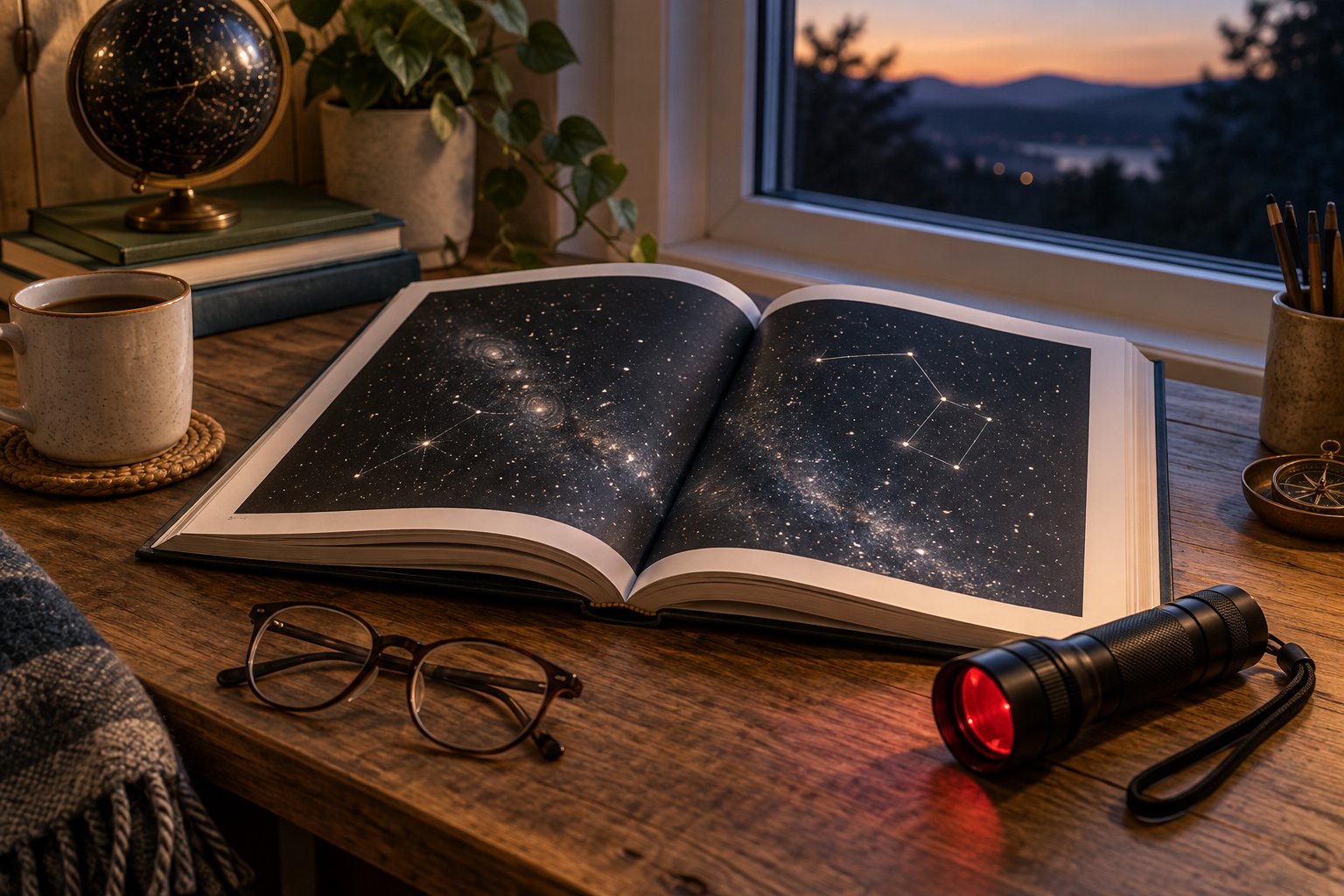 Imagen editorial: Libros de astronomía para papá: observar el cielo o entender el universo Libro de astronomía abierto con una ilustración estelar junto a unas gafas al anochecer.