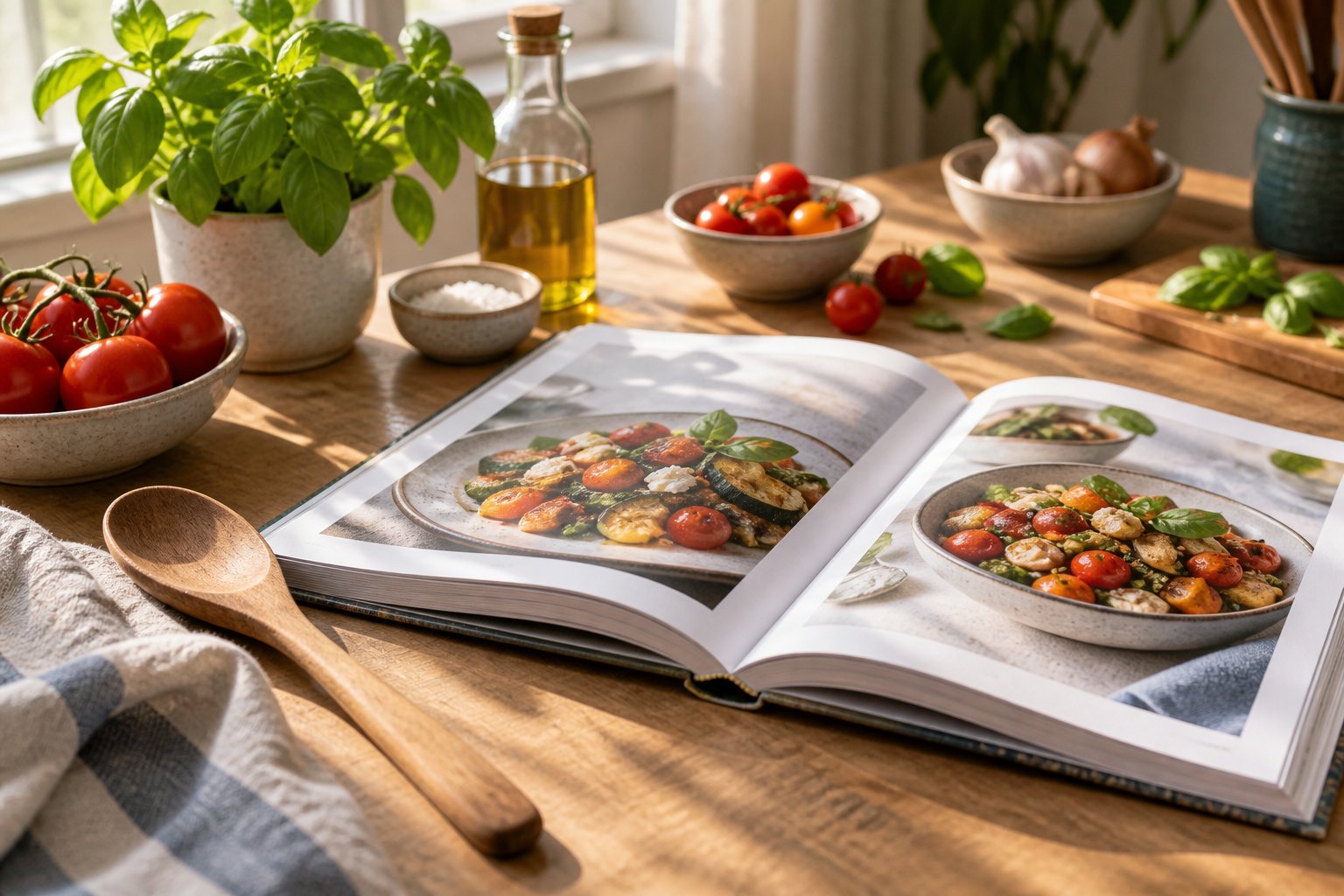 Imagen editorial: Libros de cocina para papá: elige uno que quiera abrir entre semana Libro de cocina ilustrado abierto junto a una cuchara de madera, tomates y albahaca.
