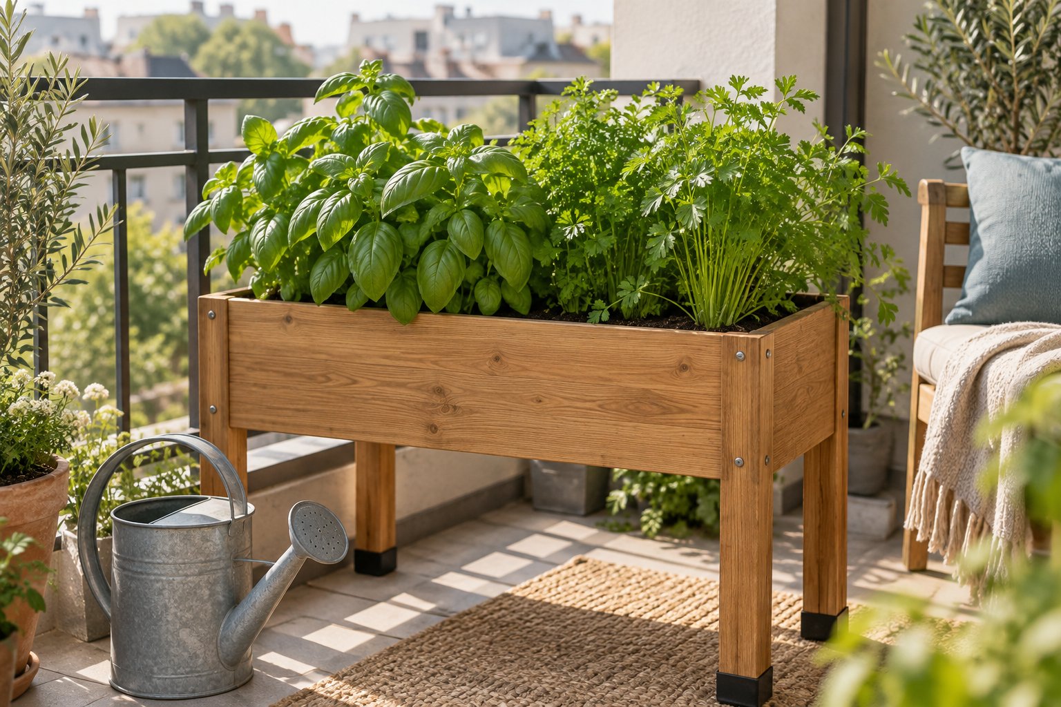 Mesa de cultivo de madera con hierbas aromáticas en un balcón luminoso.