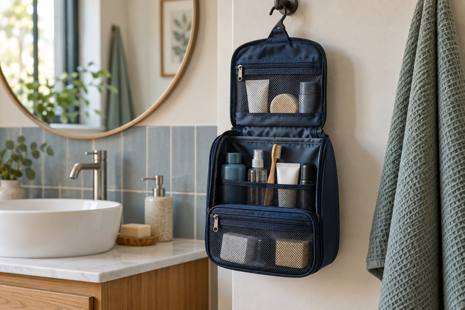 Imagen editorial: Neceser colgante para papá: una compra útil para viajar ordenado Neceser azul abierto colgado en un baño con productos de aseo sin marcas.