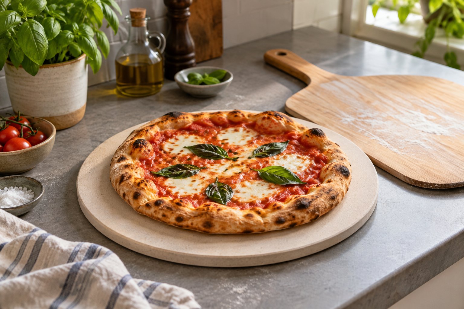 Imagen editorial: Piedra para pizza para papá: comprueba el horno antes de comprar Piedra redonda para hornear pizza junto a una pala de madera en una cocina.