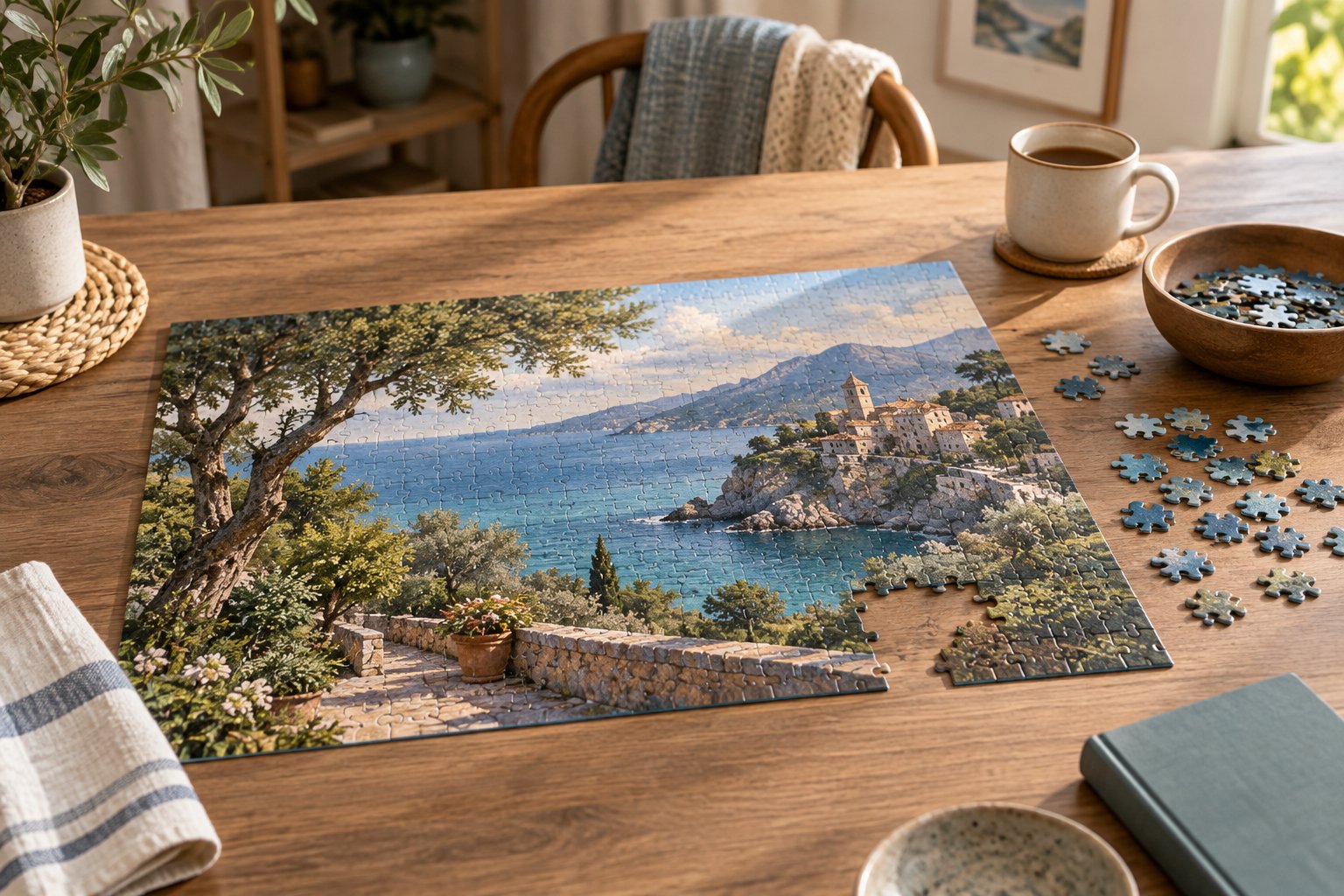 Imagen editorial: Puzzle de 1.000 piezas para papá: el motivo importa tanto como el reto Puzzle de paisaje costero parcialmente montado con piezas agrupadas sobre una mesa.