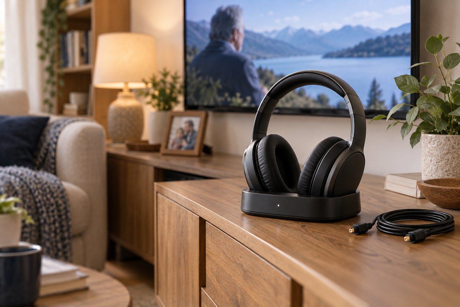 Imagen editorial: Auriculares para TV sin Bluetooth: conexiones y opciones Auriculares de televisión sobre su base transmisora con un cable óptico junto al televisor.