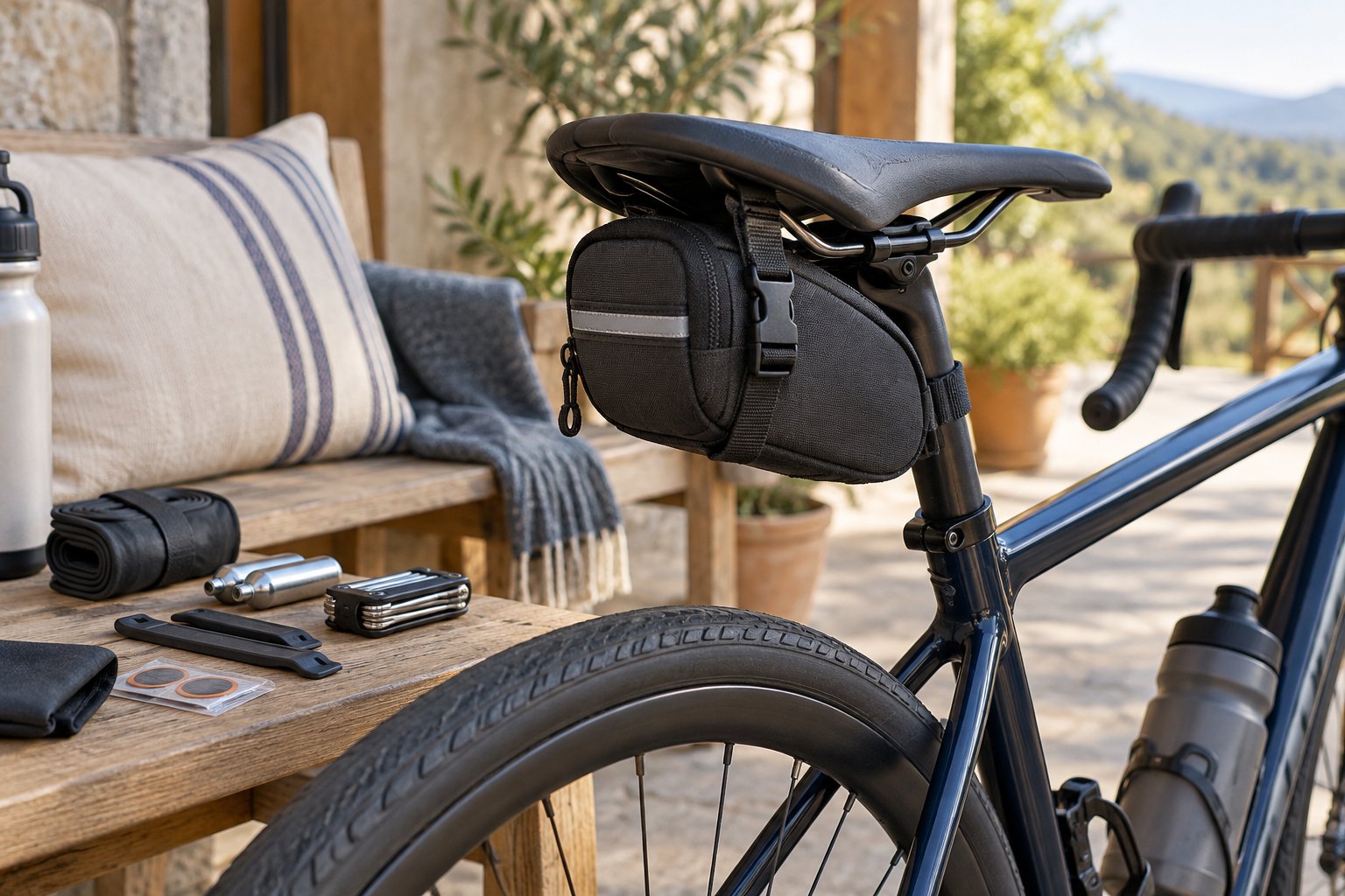 Imagen editorial: Bolsa de sillín de bicicleta: tamaño y compatibilidad Bolsa compacta de sillín instalada bajo el asiento de una bicicleta junto a una cámara y una multiherramienta.
