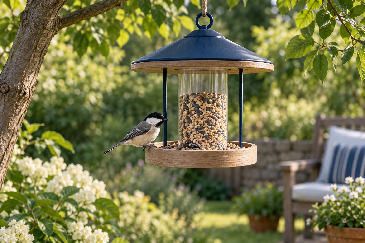 Comedero tubular para aves colgado en un jardín verde con un pequeño pájaro posado cerca.