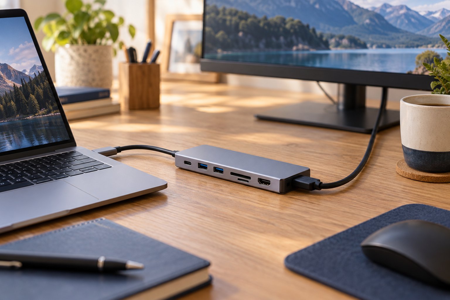 Hub USB-C de aluminio conectado a un portátil y a una pantalla en un escritorio ordenado.