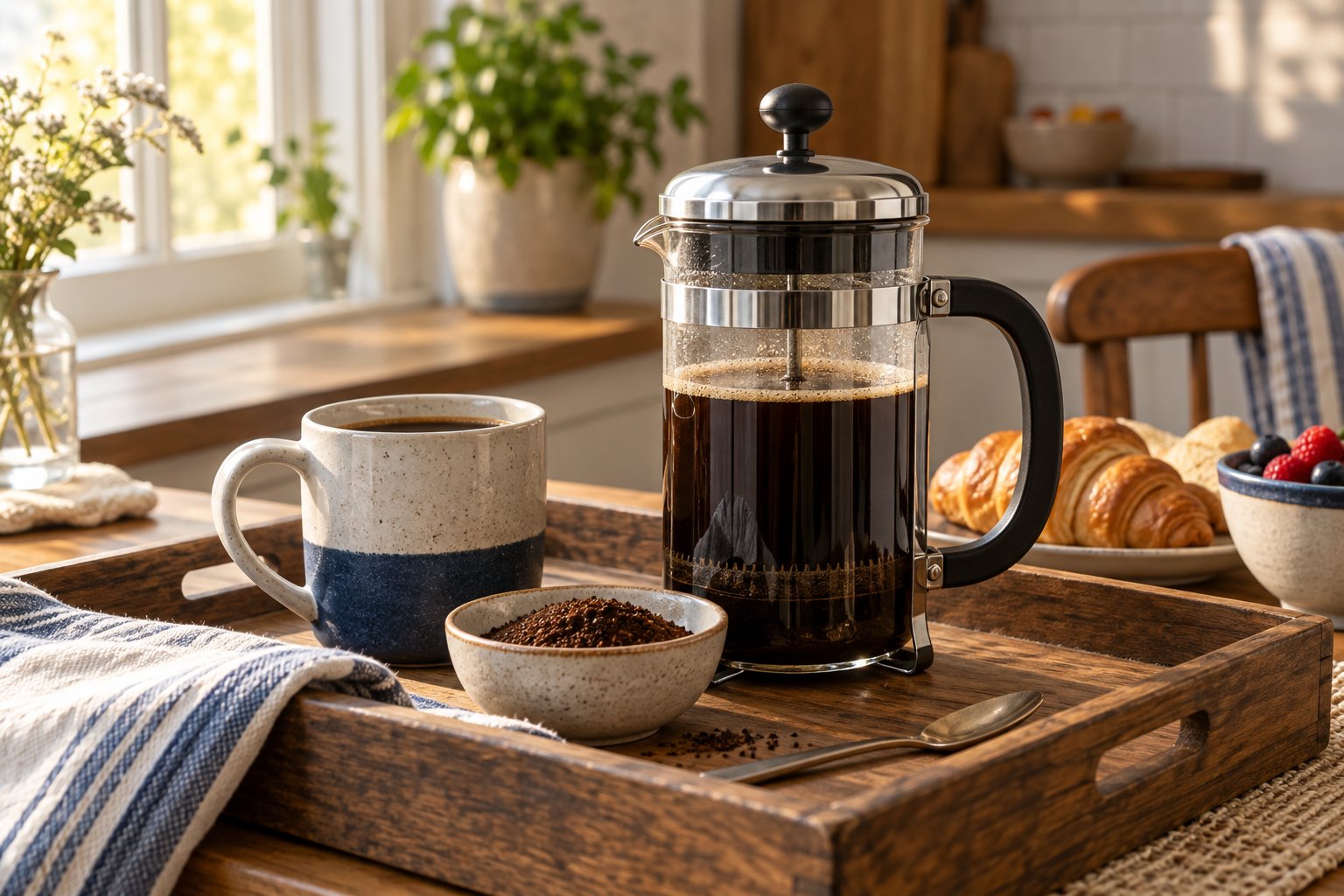 Imagen editorial: Prensa francesa para regalar: capacidad, filtro y limpieza Prensa francesa de vidrio con café sobre una bandeja de desayuno y un cuenco con café molido.