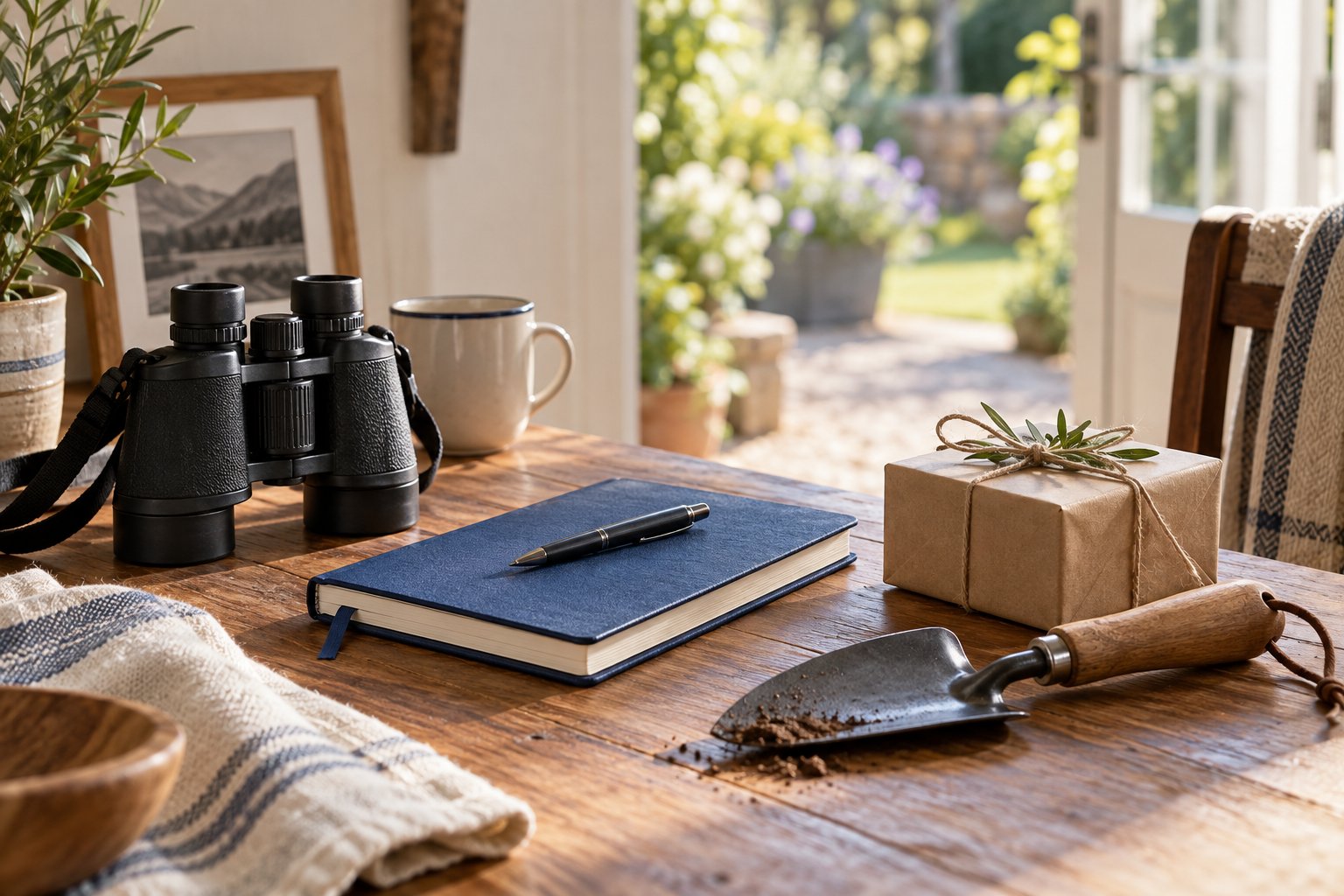 Imagen editorial: Regalos de jubilación para tu padre: recuerdos y nuevos planes Prismáticos, cuaderno y herramienta de jardín junto a un regalo preparado para una jubilación.