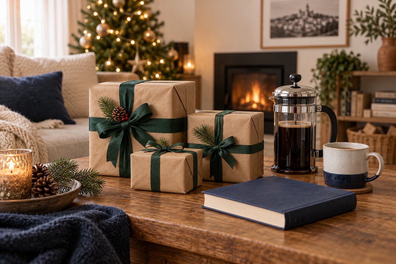 Imagen editorial: Regalos de Navidad para papá: ideas según su forma de disfrutar Regalos de Navidad envueltos en papel kraft junto a una prensa francesa y un libro.