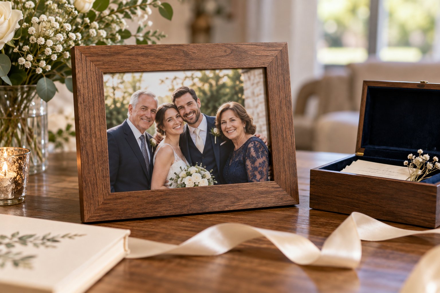 Imagen editorial: Regalos para los padres en una boda: recuerdos con sentido Marco con una fotografía familiar de boda junto a una caja de recuerdos y flores claras.