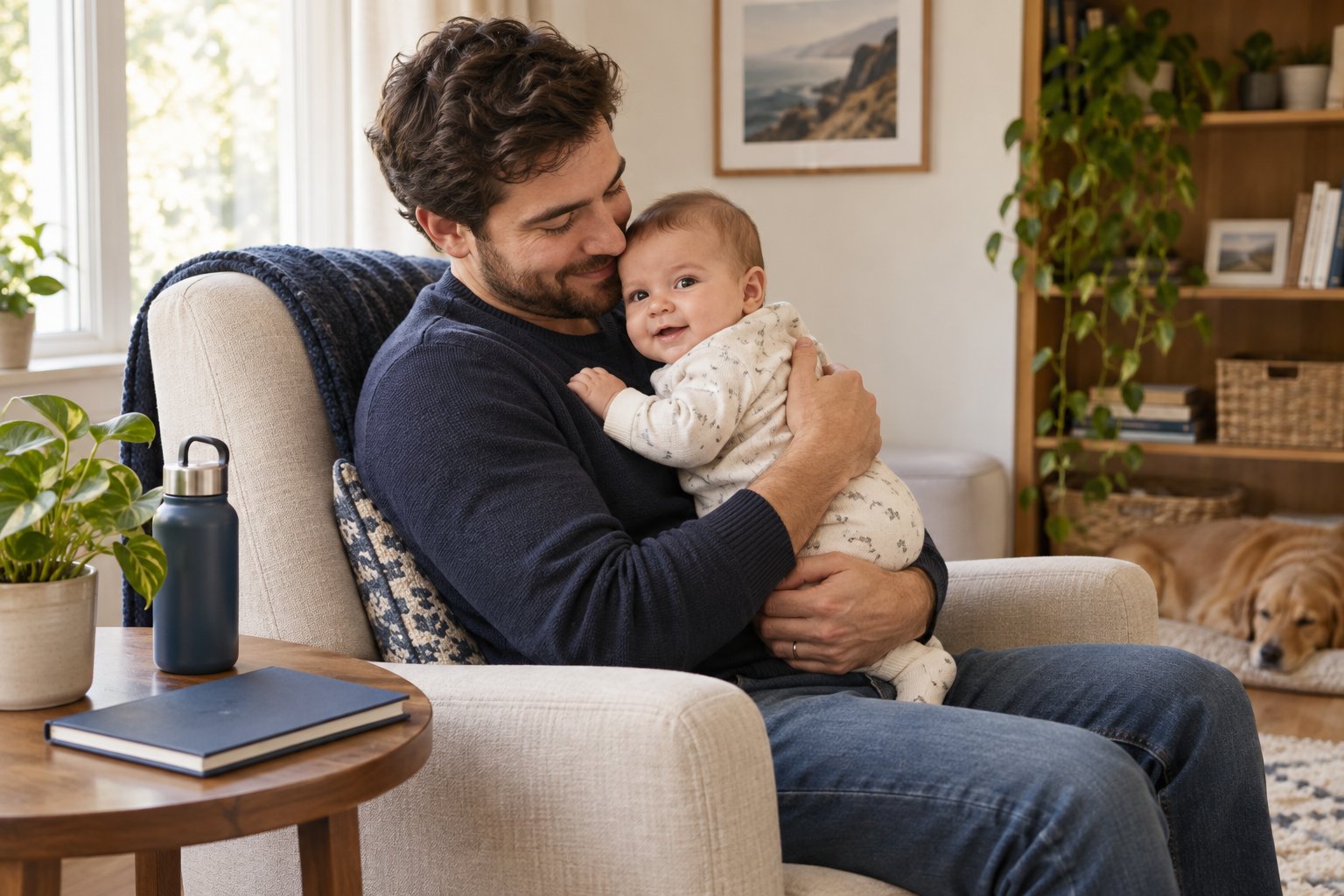Imagen editorial: Regalos para padres primerizos: útiles y pensados para él Padre primerizo con su bebé en brazos y un cuaderno de recuerdos sobre una mesa lateral.