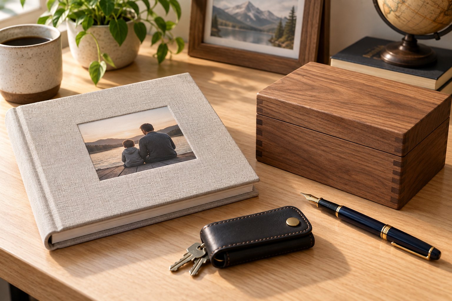 Imagen editorial: Regalos personalizados para papá: qué merece la pena preparar Álbum de lino, caja de madera y pequeño accesorio de cuero preparados como regalos personales.