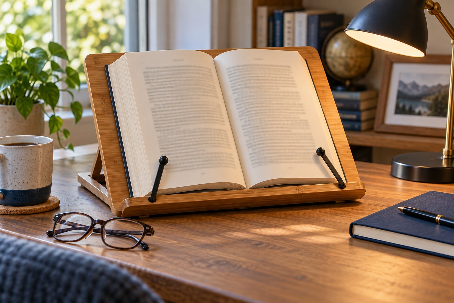Imagen editorial: Soporte para libros de lectura: mesa, cama o sillón Libro abierto sobre un atril de madera ajustable con gafas y lámpara en una mesa.