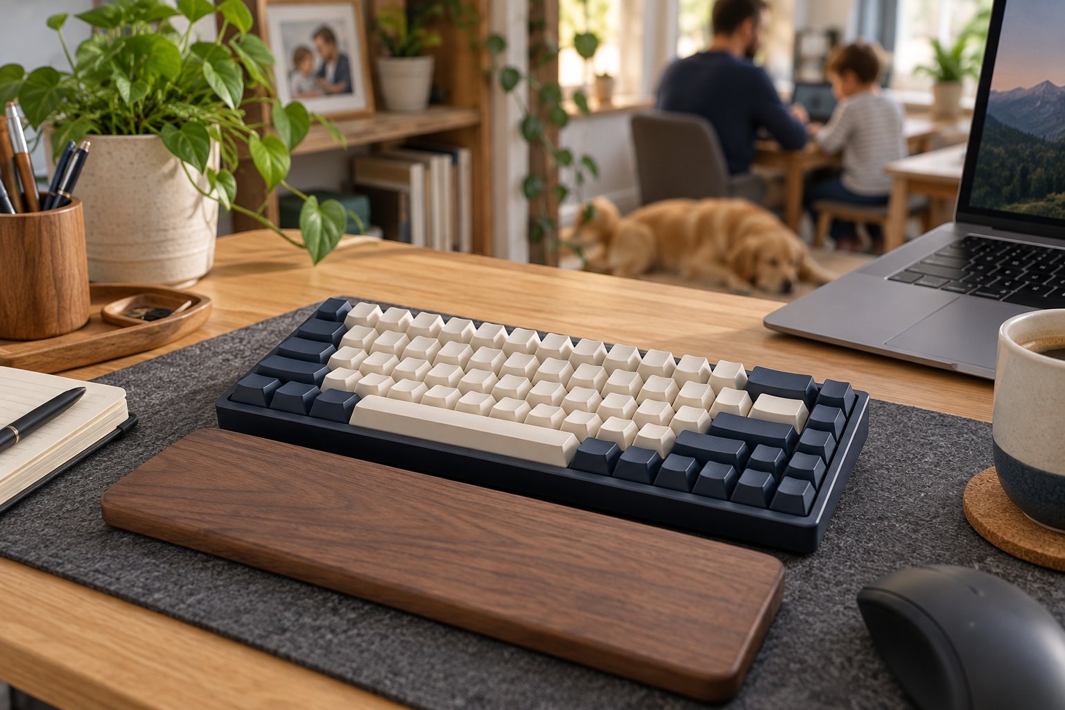 Imagen editorial: Teclado mecánico silencioso para oficina: qué mirar Teclado mecánico compacto con teclas claras y azules sobre una alfombrilla de escritorio.