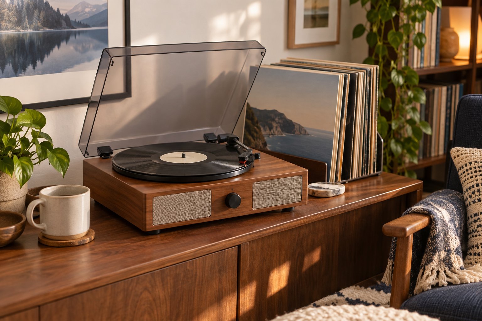 Imagen editorial: Tocadiscos con altavoces integrados: qué valorar antes de regalar Tocadiscos compacto de madera con altavoces frontales y un vinilo colocado sobre el plato.